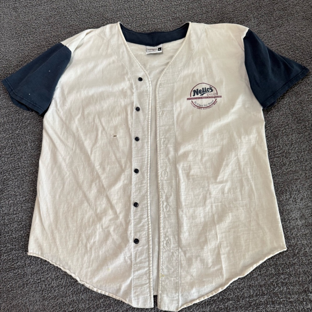 90s Vintage Nello’s Pizza Jersey XL “In Crust We Trust” Made in USA Retro Jersey